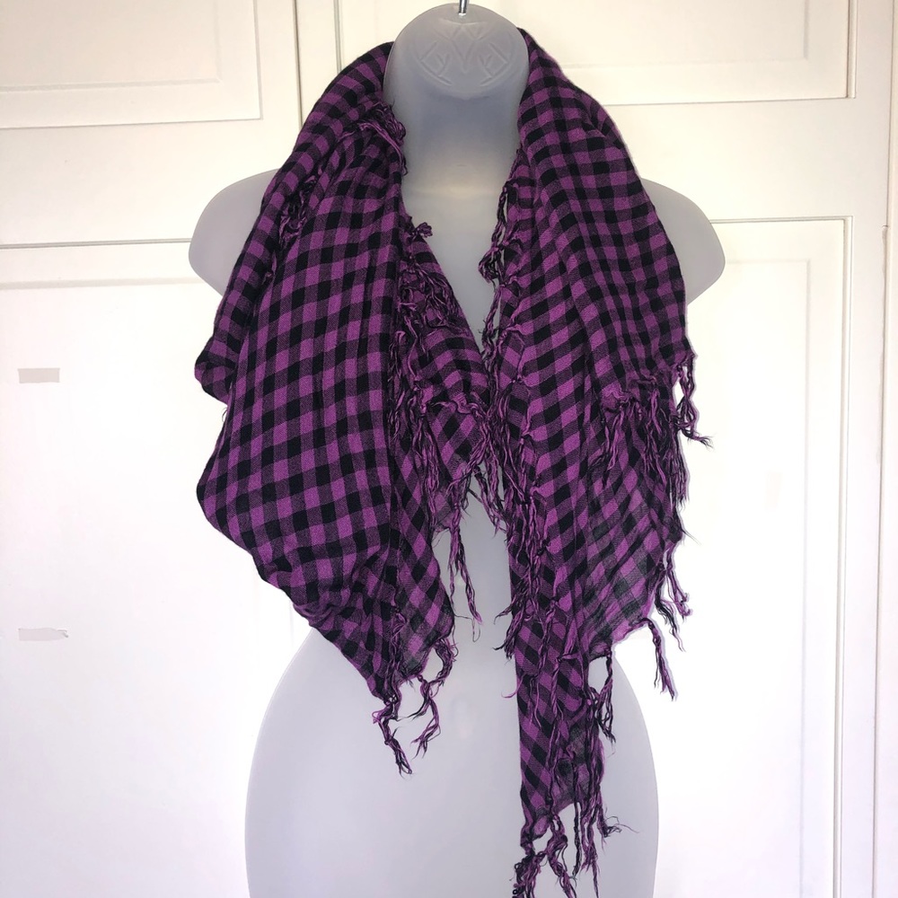 4/$25 Purple & Black Gingham Square Tassel Scarf - Picture 5 of 5